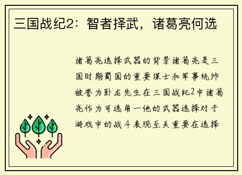 三国战纪2：智者择武，诸葛亮何选